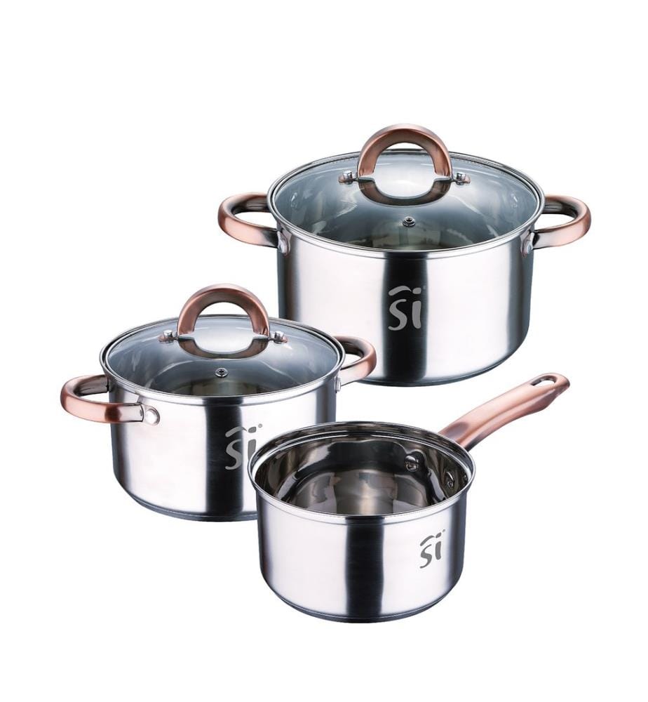 Ensemble de 5 pièces de batterie de cuisine en acier inoxydable « Onil » + ensemble de 5 poêles à frire en aluminium pressé
