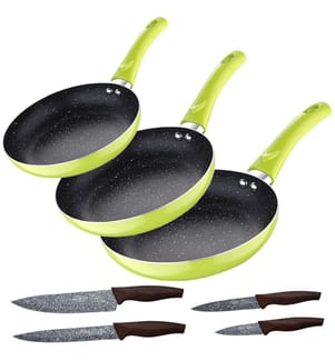 Ensemble de 3 poêles (20+24+28 cm) en aluminium pressé vert avec un ensemble de 4 couteaux en acier inoxydable