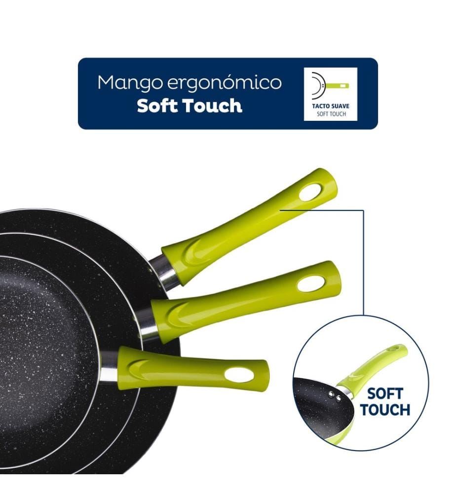 Ensemble de 3 poêles (20+24+28 cm) en aluminium pressé vert avec un ensemble de 4 couteaux en acier inoxydable