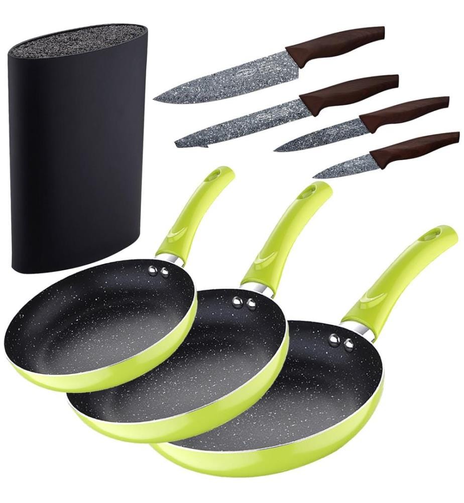 Ensemble de 3 poêles (20+24+28 cm) en aluminium pressé vert avec un ensemble de 4 couteaux en acier inoxydable et un bloc à couteaux universel/Tacoma, grande capacité