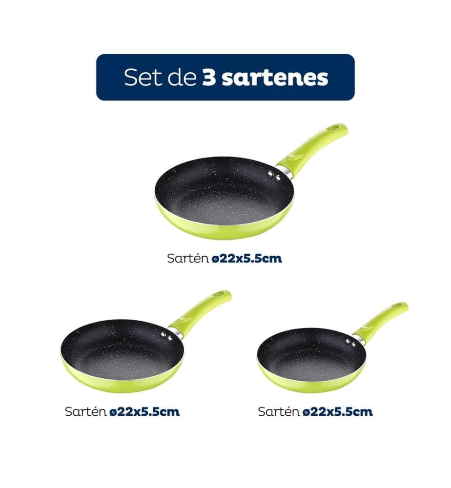 Ensemble de 3 poêles (20+24+28 cm) en aluminium pressé vert avec un ensemble de 4 couteaux en acier inoxydable et un bloc à couteaux universel/Tacoma, grande capacité