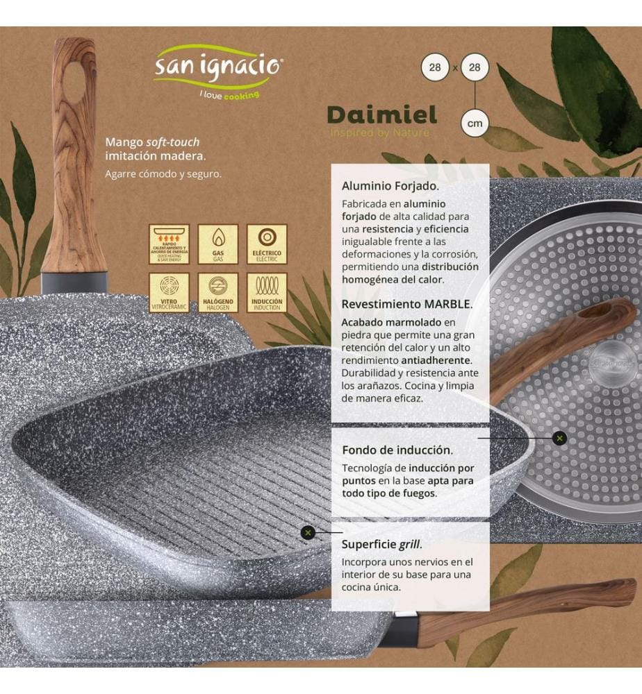 Poêle à griller en aluminium forgé 28 x 28 cm, zones de cuisson par induction, revêtement intérieur et extérieur effet marbre, poignée effet bois, collection Daimiel