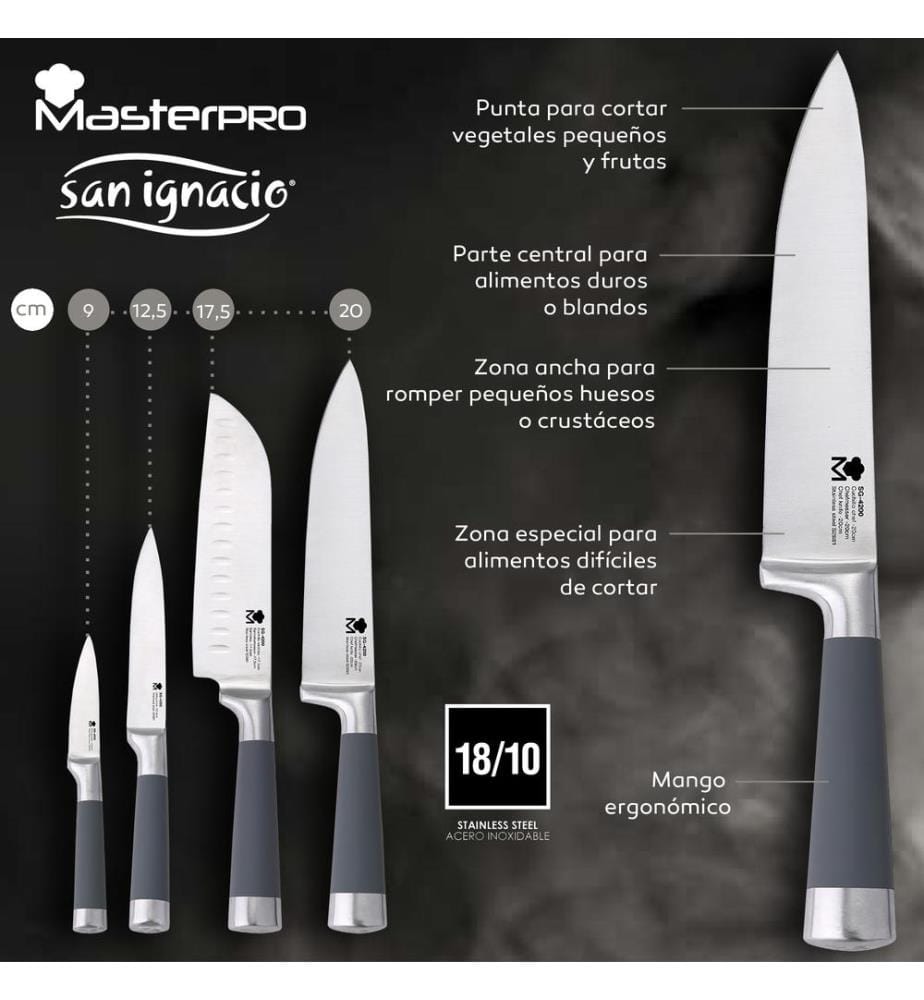 Ensemble de couteaux Tacoma universel lavable, grande capacité, et ensemble de 4 couteaux San Ignacio Premium : couteau de chef, Santoku, couteau multifonction et éplucheur.