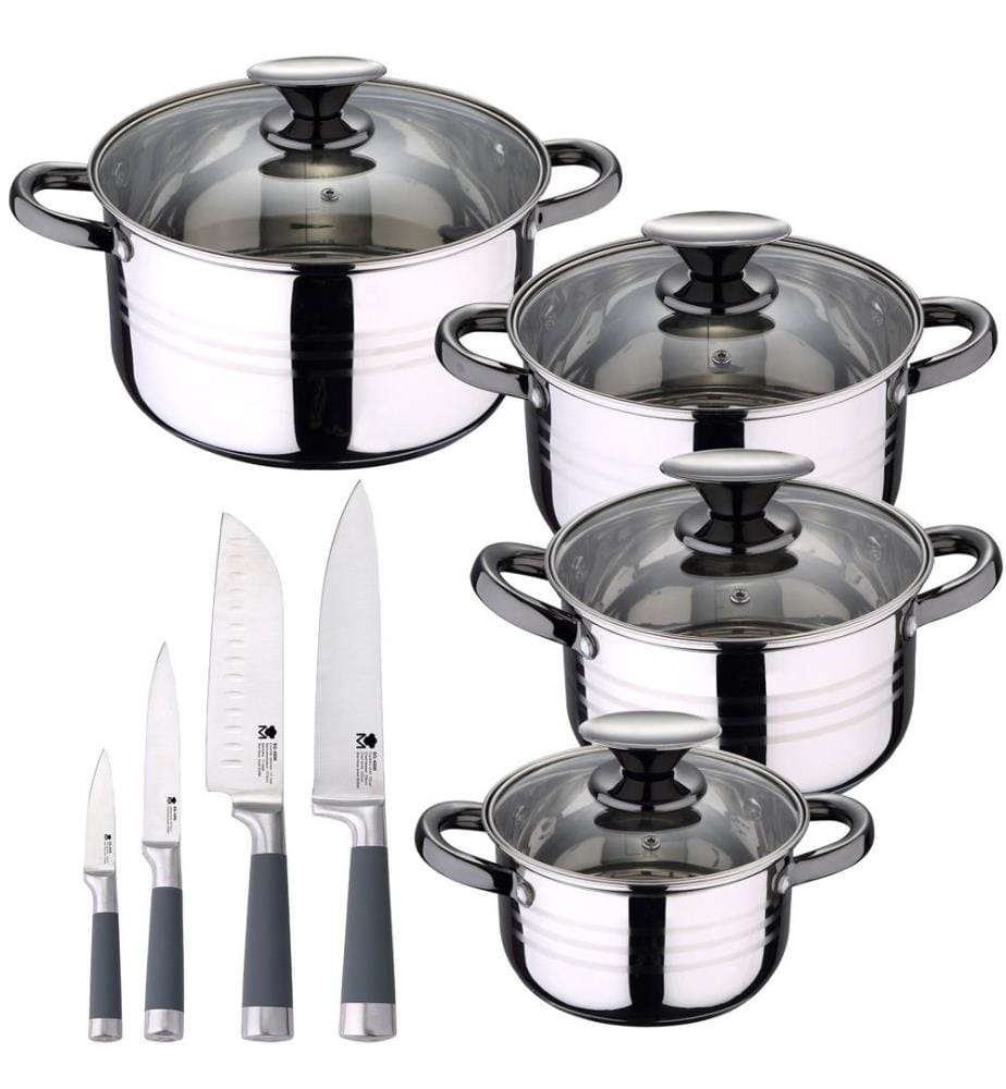 Ensemble de 8 pièces de batterie de cuisine en acier inoxydable SAN IGNACIO Hita, adapté aux plaques à induction, comprenant un ensemble de 4 couteaux de cuisine San Ignacio.