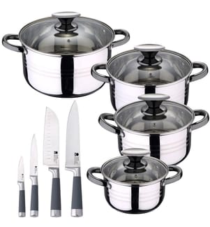 Ensemble de 8 pièces de batterie de cuisine en acier inoxydable SAN IGNACIO Hita, adapté aux plaques à induction, comprenant un ensemble de 4 couteaux de cuisine San Ignacio.