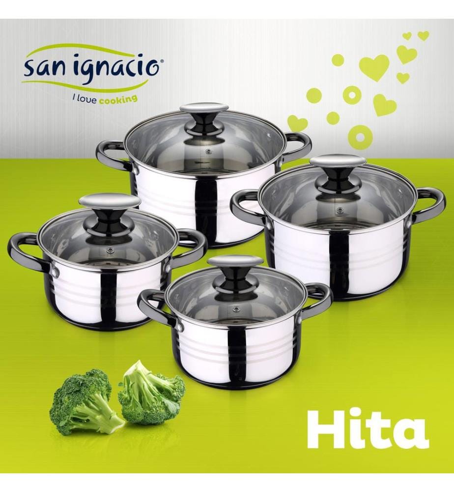 Ensemble de 8 pièces de batterie de cuisine en acier inoxydable SAN IGNACIO Hita, adapté aux plaques à induction, comprenant un ensemble de 4 couteaux de cuisine San Ignacio.
