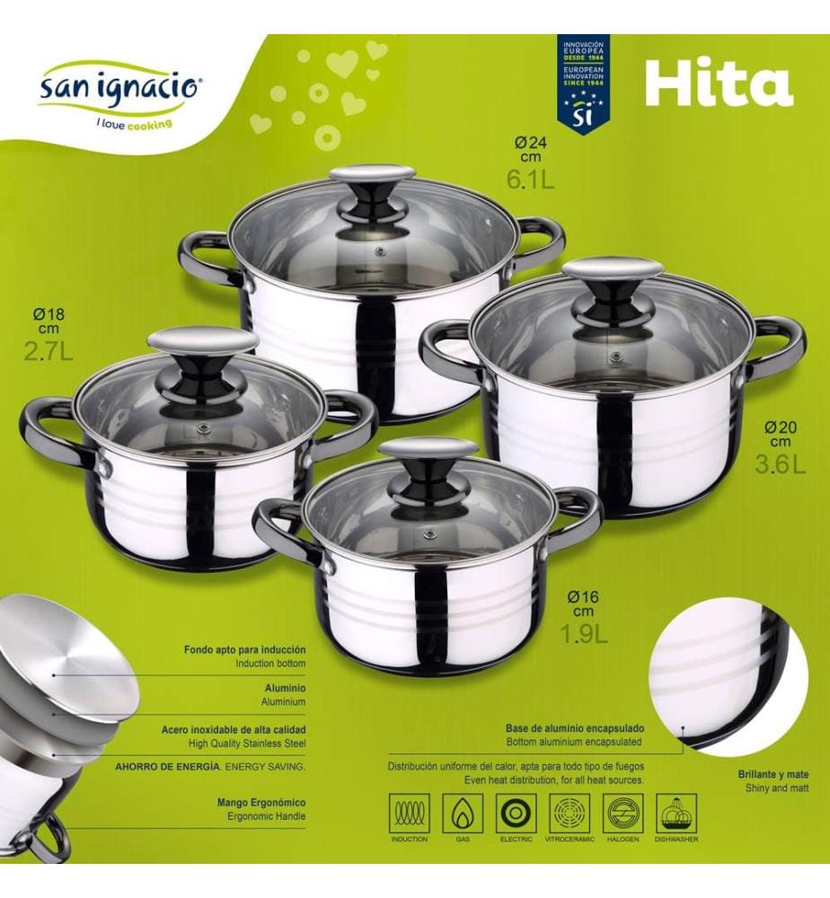 Ensemble de 8 pièces de batterie de cuisine en acier inoxydable SAN IGNACIO Hita, adapté aux plaques à induction, comprenant un ensemble de 4 couteaux de cuisine San Ignacio.