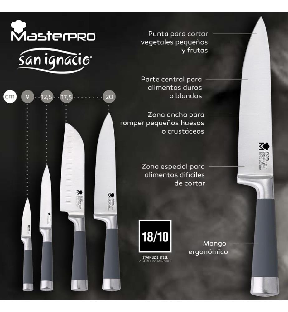 Ensemble de 8 pièces de batterie de cuisine en acier inoxydable SAN IGNACIO Hita, adapté aux plaques à induction, comprenant un ensemble de 4 couteaux de cuisine San Ignacio.