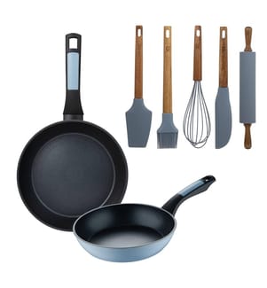Ensemble de 2 poêles à frire, Ø20Ø26 cm, en aluminium pressé, couleur bleue + Ensemble de 5 ustensiles en silicone et bois NOIA San Ignacio