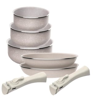 Ensemble de 5 pièces : 2 poêles à frire Ø24Ø28cm et 3 casseroles Ø16Ø18Ø20cm en aluminium pressé avec revêtement ILAG et 2 poignées amovibles