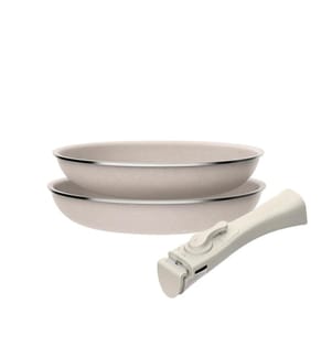 Lot de 2 poêles à frire Ø24Ø28 cm en aluminium pressé, revêtement antiadhésif ILAG, poignée amovible, compatibles induction, sans PFOA, compatibles lave-vaisselle et four.