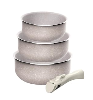 Ensemble de 3 casseroles Ø16Ø18Ø20 cm en aluminium pressé, revêtement antiadhésif ILAG, poignée amovible, compatible induction, sans PFOA, compatible lave-vaisselle et four.