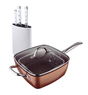 Ensemble de poêles carrées Bergner Optimum Copper 24x24cm en aluminium pressé + ensemble de 3 couteaux en acier inoxydable avec manche