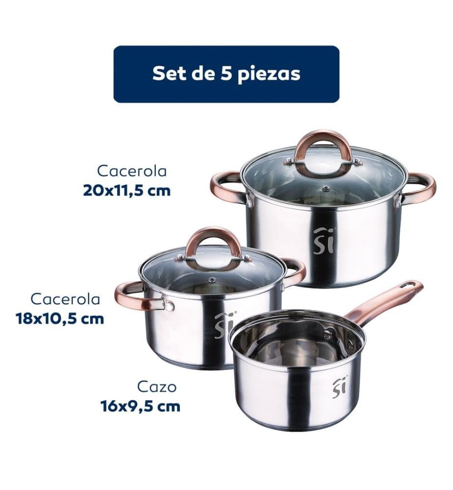 Batterie de cuisine 5 pièces en acier inoxydable, diamètres 16, 18 et 20 cm, compatible induction, collection Onil