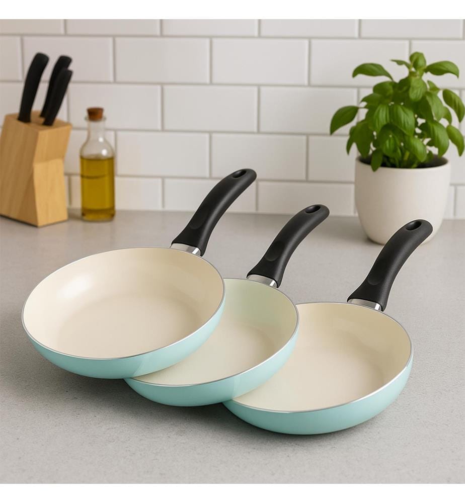 Ensemble de 3 poêles à frire Ø16Ø20Ø24cm en aluminium pressé, bleu clair, San Ignacio