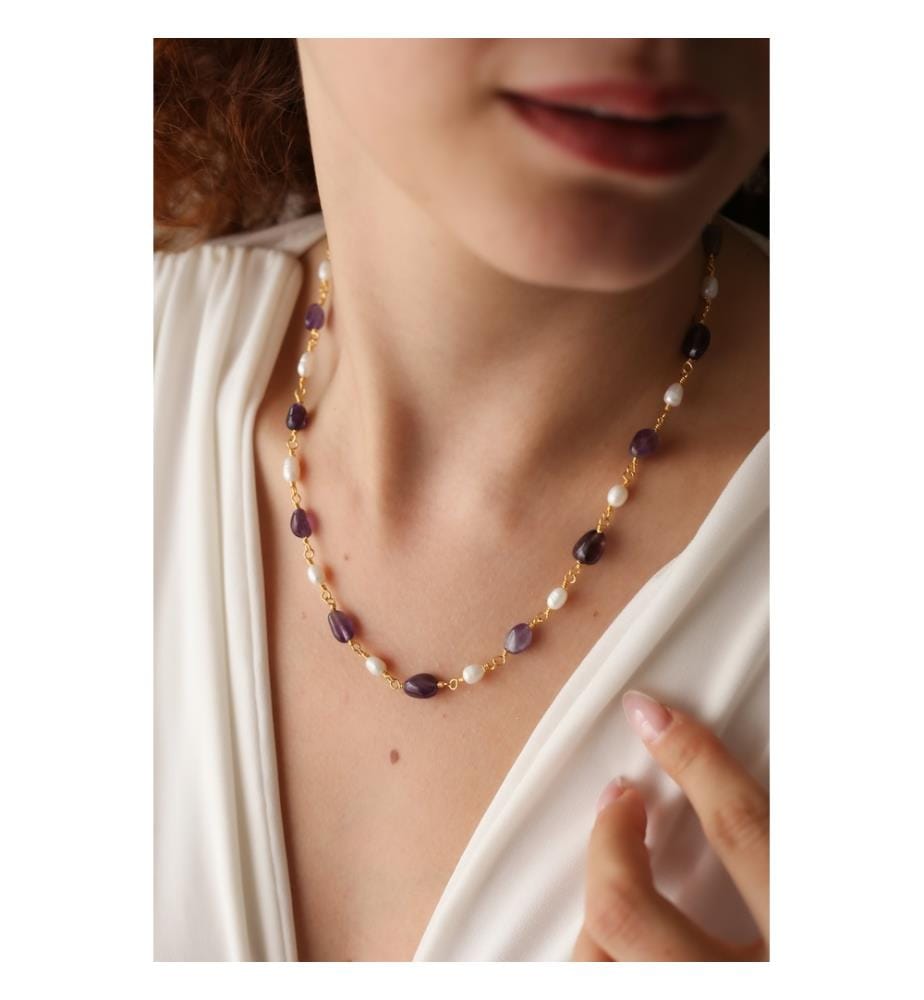 Collier Améthyste et Perles - Violet et Blanc