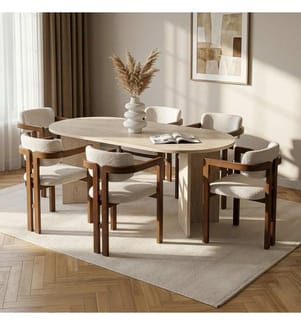 7-teiliges Esszimmer-Set – Travertin / Nussbaum / Weiss