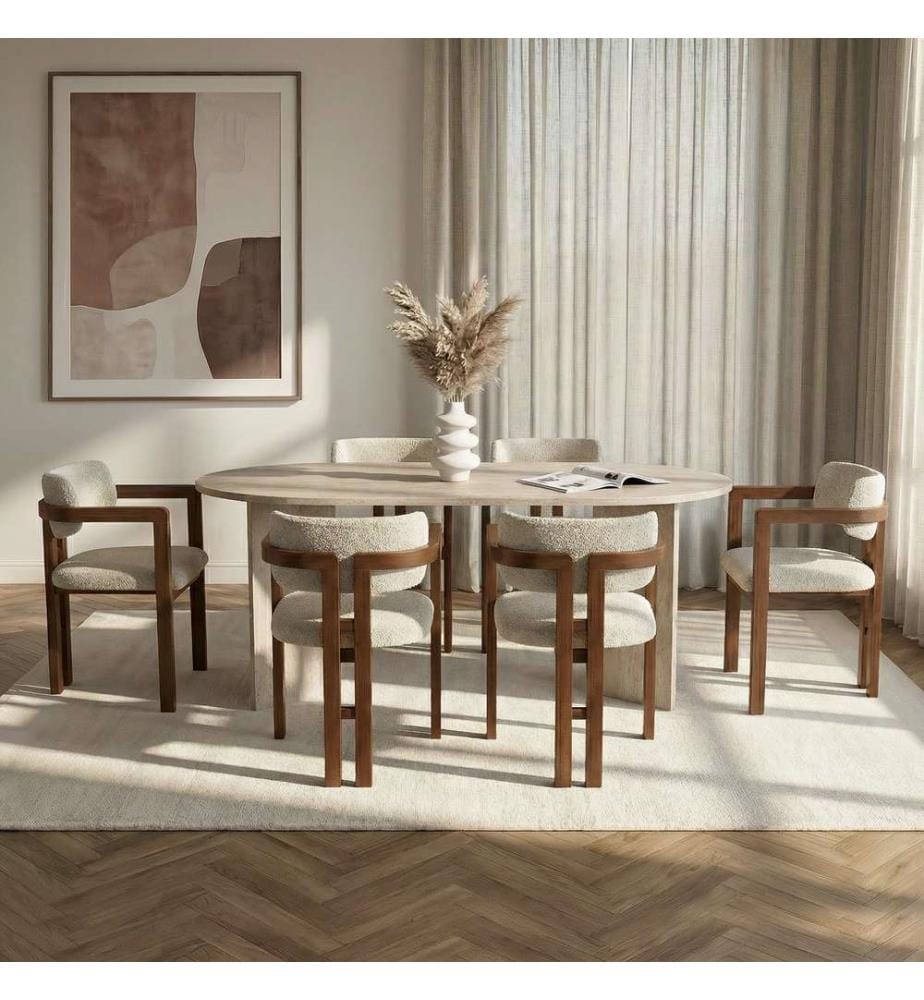 7-teiliges Esszimmer-Set – Travertin / Nussbaum / Weiss