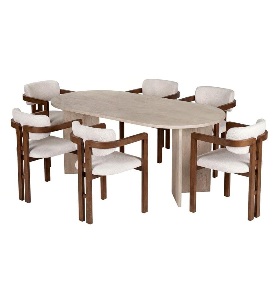 7-teiliges Esszimmer-Set – Travertin / Nussbaum / Weiss