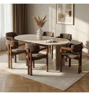 7-teiliges Esszimmer-Set – Travertin / Nussbaum / Braun