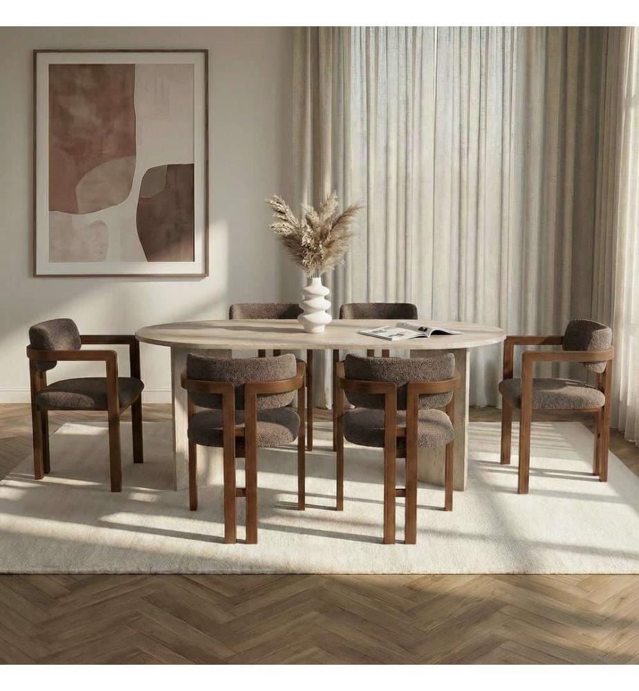 7-teiliges Esszimmer-Set – Travertin / Nussbaum / Braun