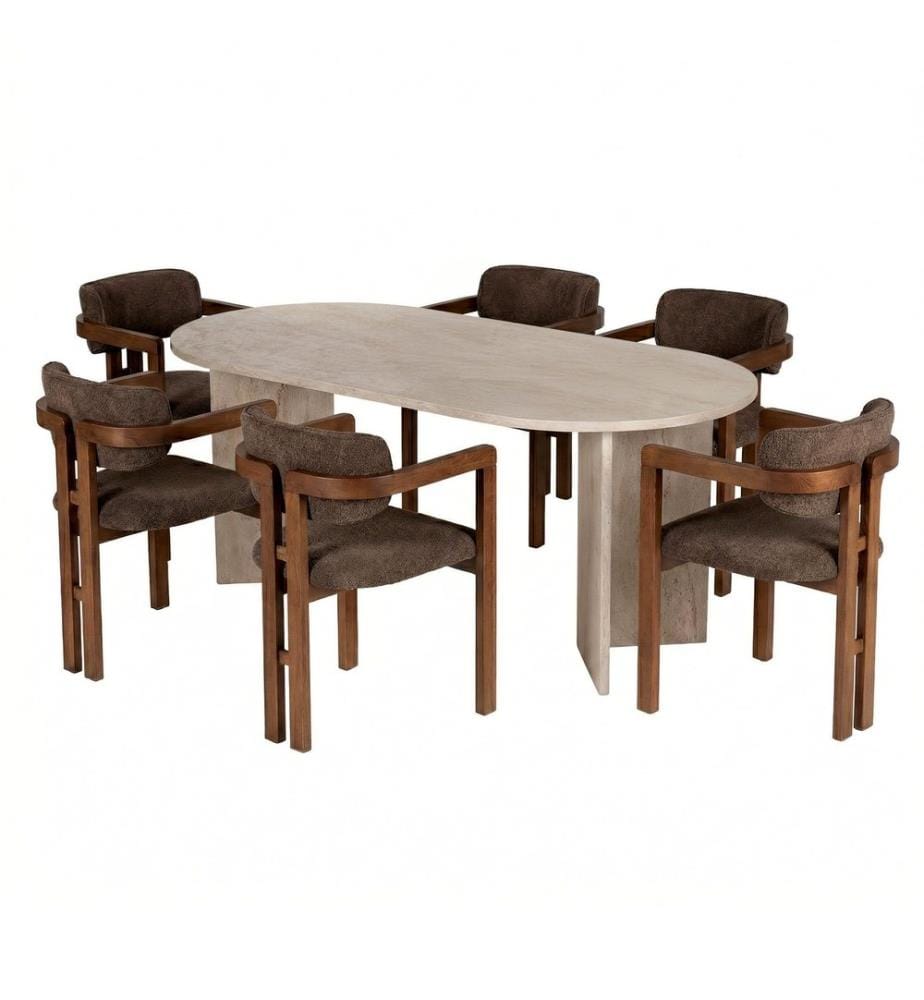 7-teiliges Esszimmer-Set – Travertin / Nussbaum / Braun