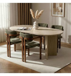 5-teiliges Esszimmer-Set – Travertin / Nussbaum / Grün
