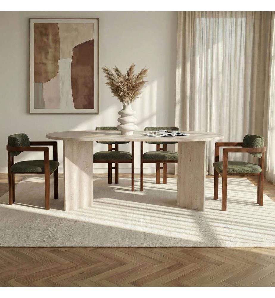 5-teiliges Esszimmer-Set – Travertin / Nussbaum / Grün