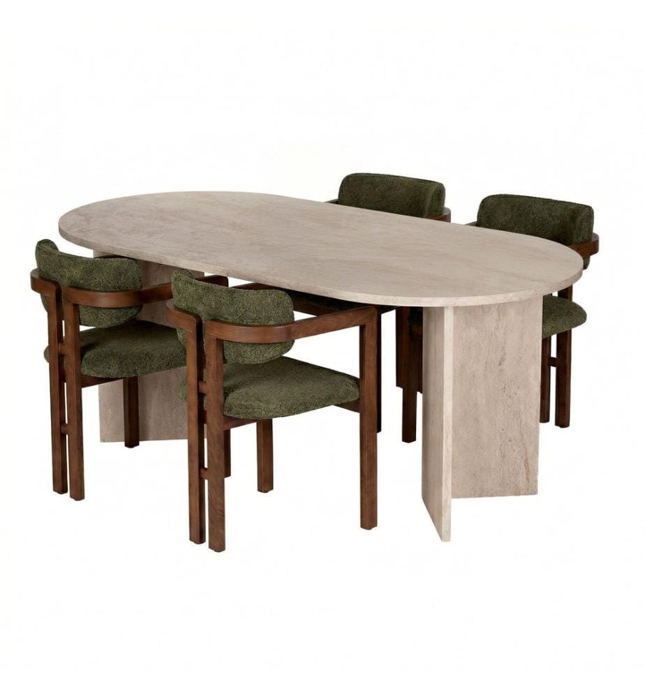 5-teiliges Esszimmer-Set – Travertin / Nussbaum / Grün