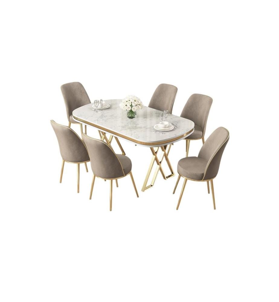 7-teiliges Esszimmer-Set – Weiss / Gold / Cappuccino