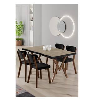 5-teiliges Esszimmer-Set – Travertin / Schwarz