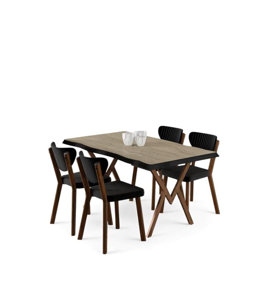 5-teiliges Esszimmer-Set – Travertin / Schwarz