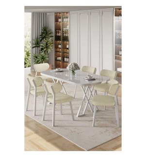 7-teiliges Esszimmer-Set – Weiss / Creme