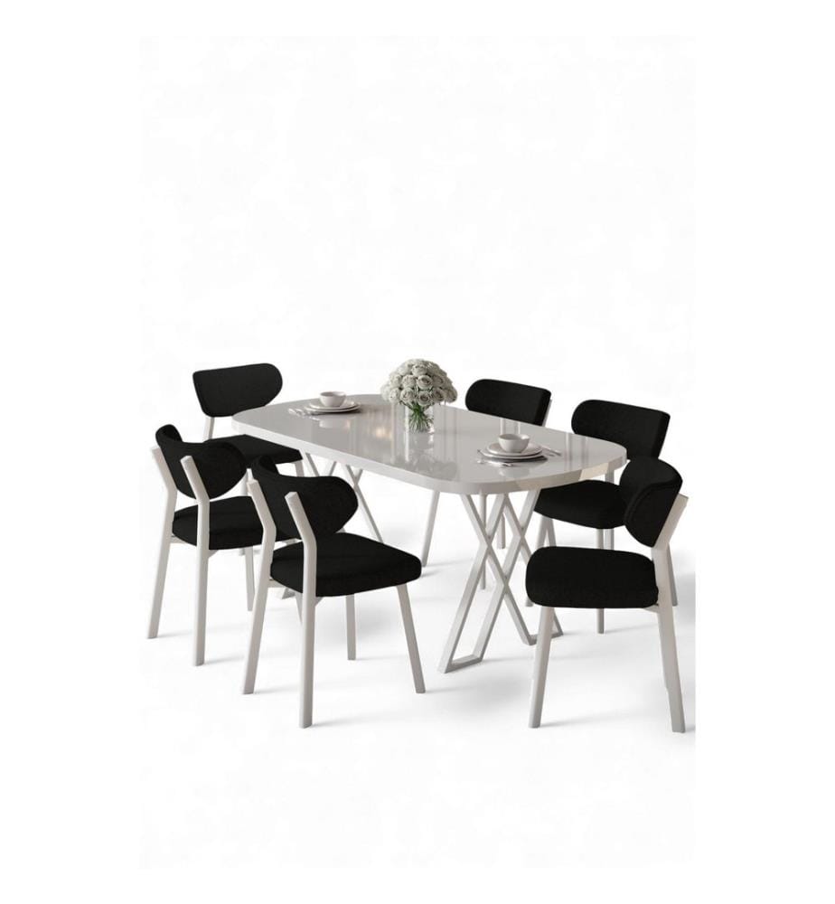 7-teiliges Esszimmer-Set – Weiss / Schwarz
