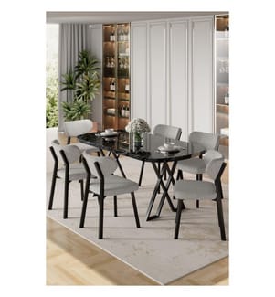 7-teiliges Esszimmer-Set – Schwarzer Marmor / Grau