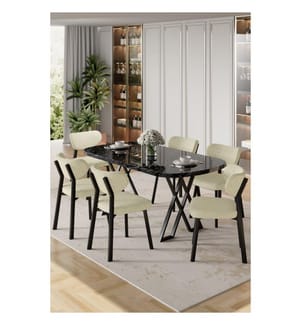 7-teiliges Esszimmer-Set – Schwarzer Marmor / Creme