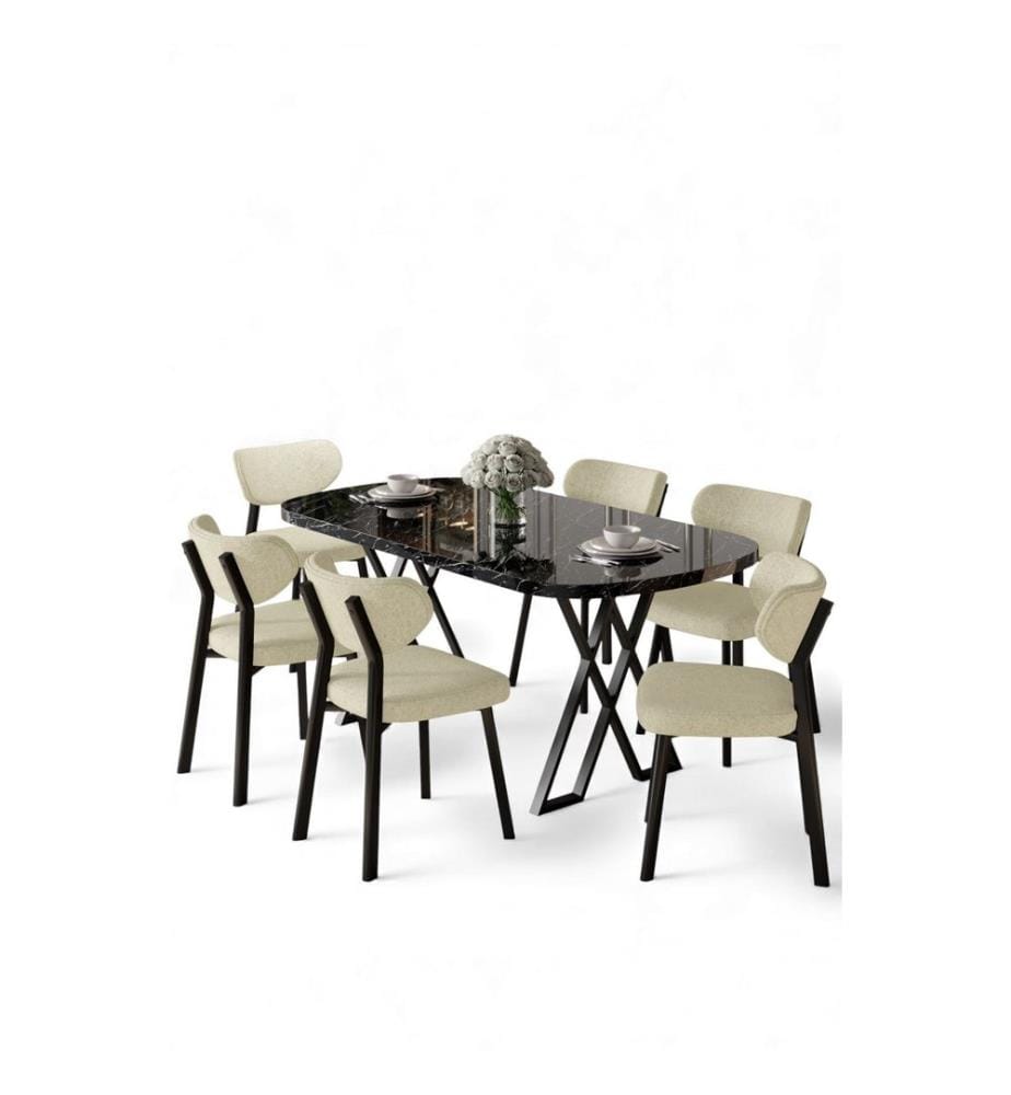 7-teiliges Esszimmer-Set – Schwarzer Marmor / Creme