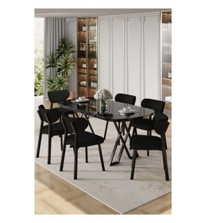 7-teiliges Esszimmer-Set – Schwarzer Marmor / Schwarz