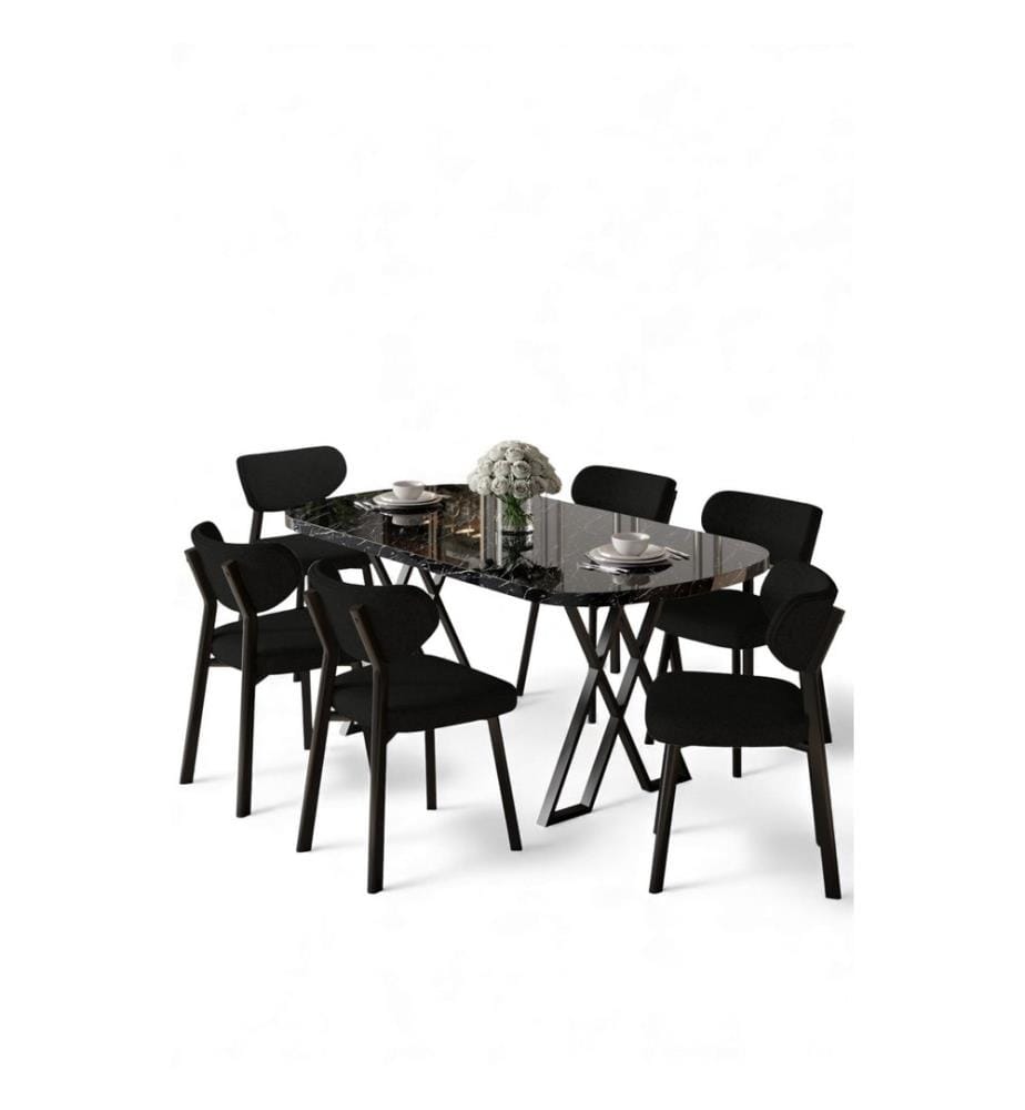7-teiliges Esszimmer-Set – Schwarzer Marmor / Schwarz