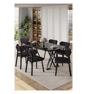 7-teiliges Esszimmer-Set – Schwarzer Marmor / Anthrazit