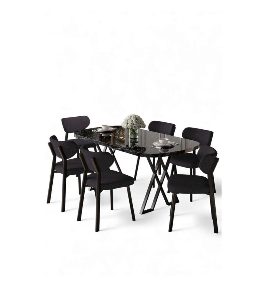 7-teiliges Esszimmer-Set – Schwarzer Marmor / Anthrazit
