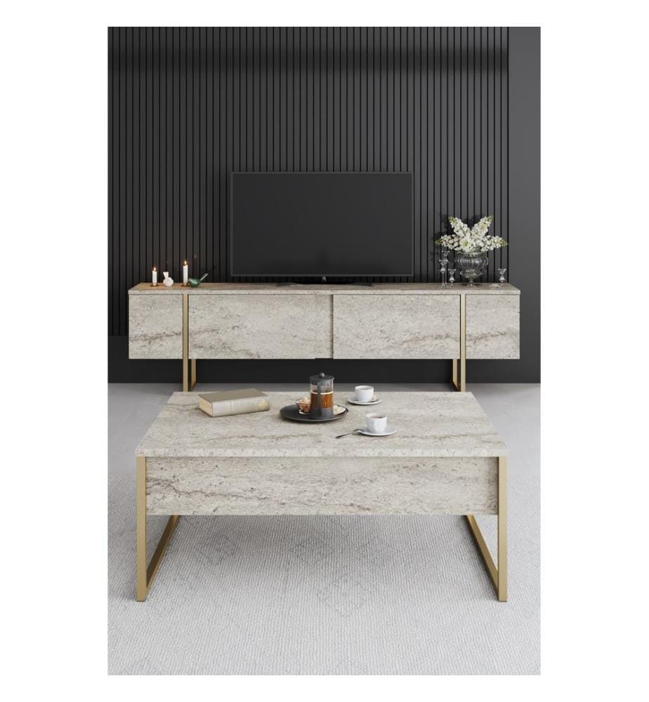 Table basse - Travertin / Doré