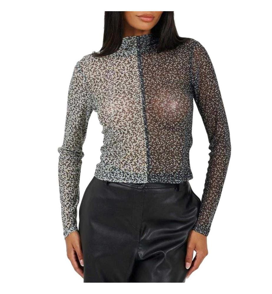 Brave Soul Illusion Top Maglia a Rete Finto Colletto Donna