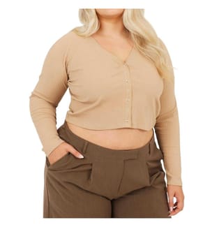 Brave Soul Maglietta Corta Plus A costine Scollo a V Manica Lunga Donna