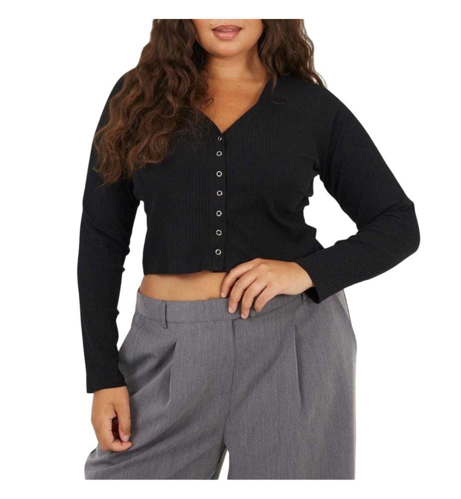 Brave Soul Maglietta Corta Plus A costine Scollo a V Manica Lunga Donna