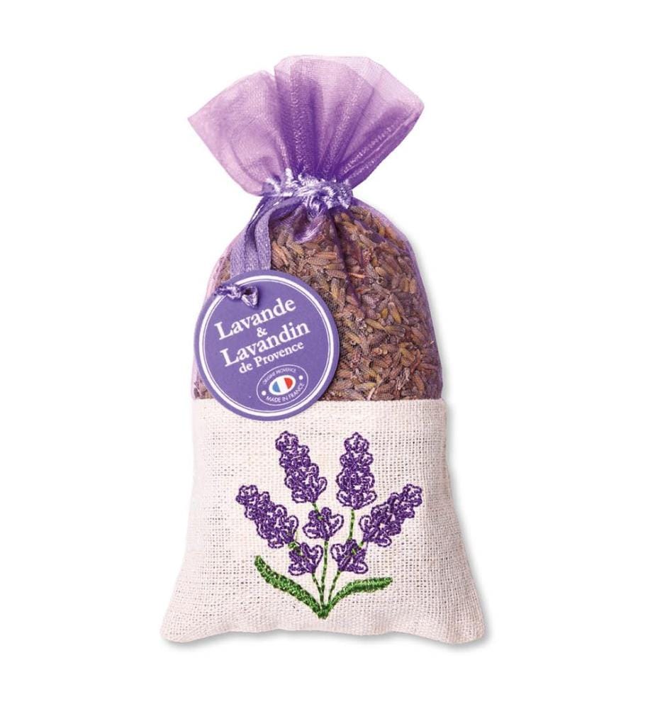 Kleines Lavendelsäckchen, bestickt mit Lavendelblüten und Lavandin