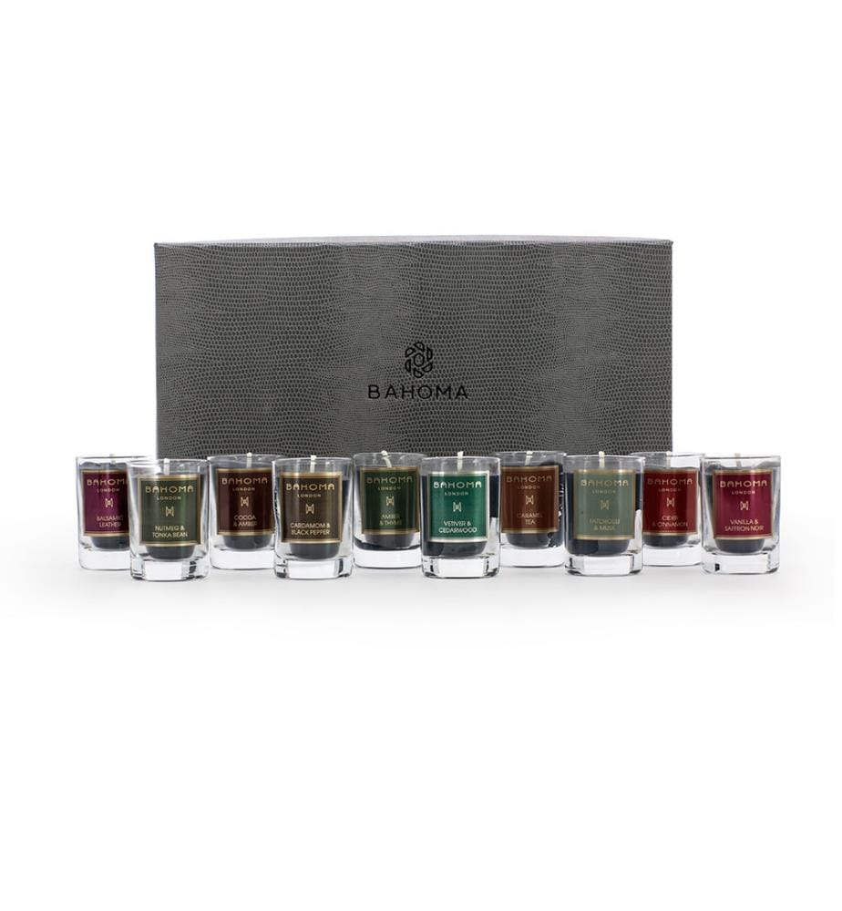 360g - Set mit 10 Mini-Duftkerzen Discovery Set Amber & Thymian, Muskat & Tonkabohne, Patchouli & Moschus, Kakao & Amber, Vanille & Safran Noir, Vetiver & Zedernholz, Kardamom & Schwarzer Pfeffer, Apfelwein & Zimt, Karamelltee, Balsamisches Leder