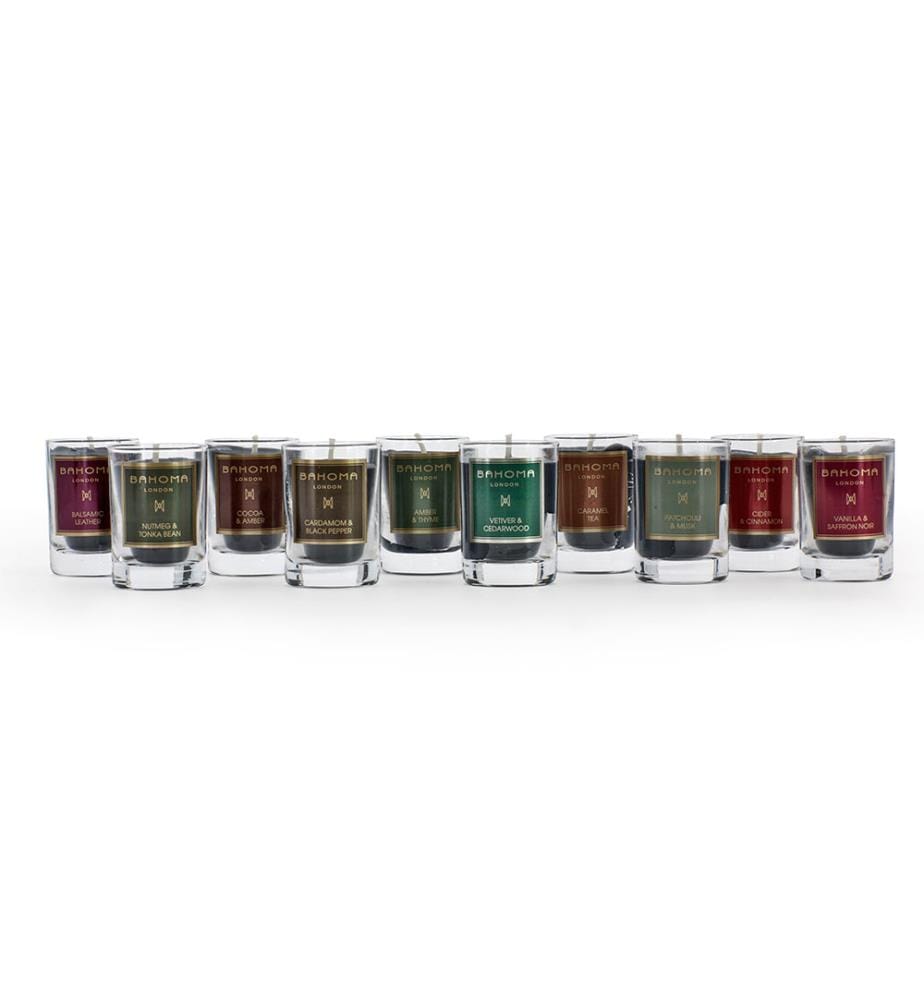 360g - Set mit 10 Mini-Duftkerzen Discovery Set Amber & Thymian, Muskat & Tonkabohne, Patchouli & Moschus, Kakao & Amber, Vanille & Safran Noir, Vetiver & Zedernholz, Kardamom & Schwarzer Pfeffer, Apfelwein & Zimt, Karamelltee, Balsamisches Leder