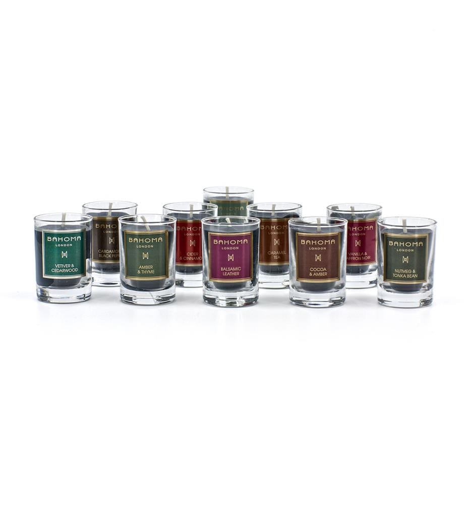 360g - Set mit 10 Mini-Duftkerzen Discovery Set Amber & Thymian, Muskat & Tonkabohne, Patchouli & Moschus, Kakao & Amber, Vanille & Safran Noir, Vetiver & Zedernholz, Kardamom & Schwarzer Pfeffer, Apfelwein & Zimt, Karamelltee, Balsamisches Leder