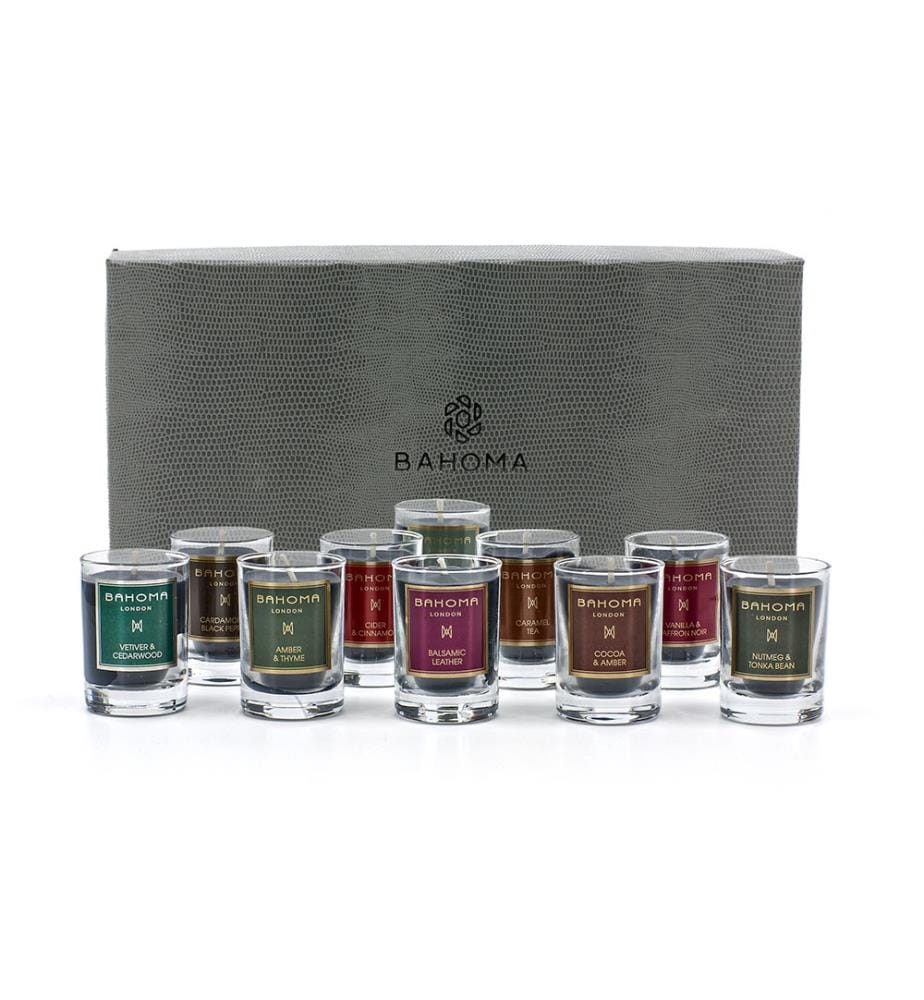 360g - Set mit 10 Mini-Duftkerzen Discovery Set Amber & Thymian, Muskat & Tonkabohne, Patchouli & Moschus, Kakao & Amber, Vanille & Safran Noir, Vetiver & Zedernholz, Kardamom & Schwarzer Pfeffer, Apfelwein & Zimt, Karamelltee, Balsamisches Leder